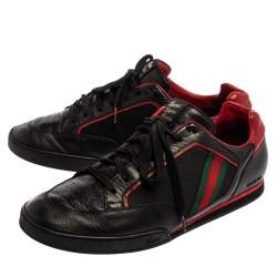 Pre Owned Gucci Black /Red Leather And Mesh Vintage Web Tennis Sneakers Size 44.5