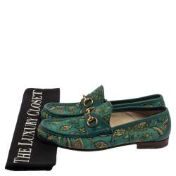 Pre Owned Gucci Green Canvas And Leather Paisley Horsebit Loafers Size 43