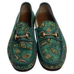 Pre Owned Gucci Green Canvas And Leather Paisley Horsebit Loafers Size 43