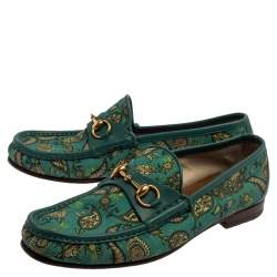 Pre Owned Gucci Green Canvas And Leather Paisley Horsebit Loafers Size 43