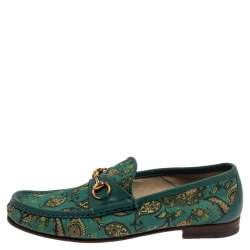 Pre Owned Gucci Green Canvas And Leather Paisley Horsebit Loafers Size 43