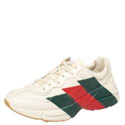 Pre Owned Gucci Cream Leather Web Rhyton Low Top Sneakers Size 42