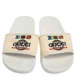 Pre Owned Gucci White Logo Print Canvas Slip On Slides Size 43