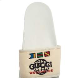 Pre Owned Gucci White Logo Print Canvas Slip On Slides Size 43