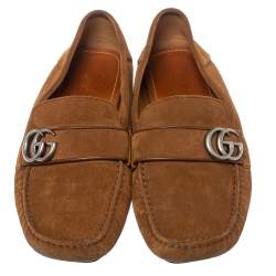 Pre Owned Gucci Brown Suede Leather GG Marmont Slip On Loafers Size 42.5