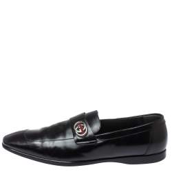 Pre Owned Gucci Black Glossy Leather GG Loafers Size 44