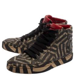 Pre Owned Gucci Beige and Brown Monogram Canvas Caleido High Top Sneakers Size 39 