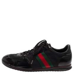 Gucci Black Leather And Canvas Web Detail Lace Up Sneakers Size 43.5