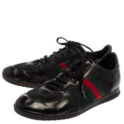 Gucci Black Leather And Canvas Web Detail Lace Up Sneakers Size 43.5