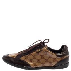 Pre Owned Gucci Brown/Beige GG Crystal Canvas And Leather Low Top Sneakers Size 40