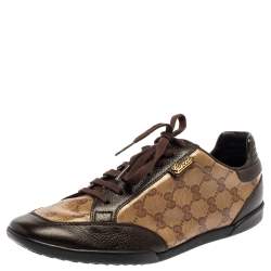 Pre Owned Gucci Brown/Beige GG Crystal Canvas And Leather Low Top Sneakers Size 40