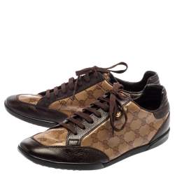 Pre Owned Gucci Brown/Beige GG Crystal Canvas And Leather Low Top Sneakers Size 40