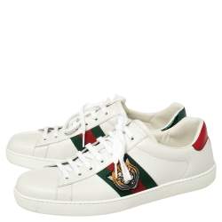 Pre Owned Gucci White Leather And Canvas Ace Embroided Sneakers Size 44.5