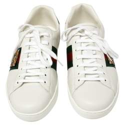 Pre Owned Gucci White Leather And Canvas Ace Embroided Sneakers Size 44.5