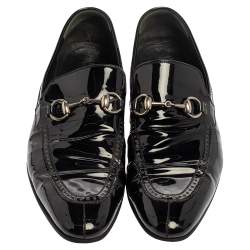 Gucci Black Patent Leather Horsebit Slip On Loafers Size 42