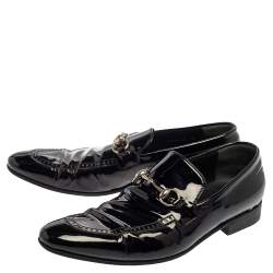 Gucci Black Patent Leather Horsebit Slip On Loafers Size 42
