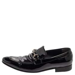 Gucci Black Patent Leather Horsebit Slip On Loafers Size 42