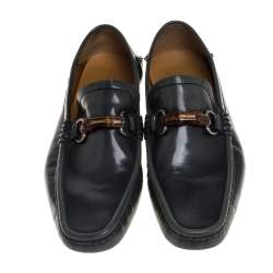 Pre Owned Gucci Grey Leather Bamboo Horsebit Slip On Loafers Size 43