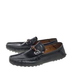 Pre Owned Gucci Grey Leather Bamboo Horsebit Slip On Loafers Size 43