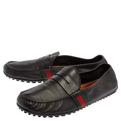 Gucci Black Leather Web Penny Loafers Size 41.5 