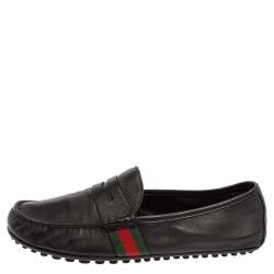 Gucci Black Leather Web Penny Loafers Size 41.5 