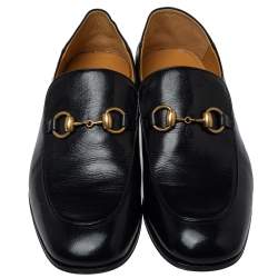 Pre Owned Gucci Black Leather Horsebit Quentin Slip On Loafers Size 41.5
