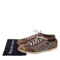 Pre Owned Gucci Brown/Beige GG Supreme Canvas And Suede Leather Low Top Sneakers Size 46