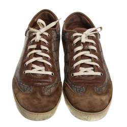 Pre Owned Gucci Brown/Beige GG Supreme Canvas And Suede Leather Low Top Sneakers Size 46