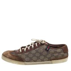 Pre Owned Gucci Brown/Beige GG Supreme Canvas And Suede Leather Low Top Sneakers Size 46