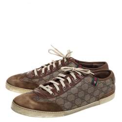 Pre Owned Gucci Brown/Beige GG Supreme Canvas And Suede Leather Low Top Sneakers Size 46