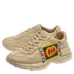 مملوكة مسبقًا Gucci Off White Leather Rhyton GG Square Logo Low Top Sneakers Size 41.5
