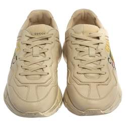 مملوكة مسبقًا Gucci Off White Leather Rhyton GG Square Logo Low Top Sneakers Size 41.5