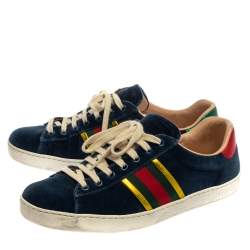Gucci Blue Velvet And Leather Web Ace Sneakers Size 41.5