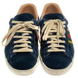 Gucci Blue Velvet And Leather Web Ace Sneakers Size 41.5