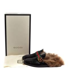 Pre Owned حذاء سلايد غوتشي برينستاون جلد أسود وفرو مزين بشريط ويب GG مقاس 43  