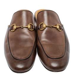 Pre Owned Gucci Brown Leather Princetown Horsebit Mules Size 42