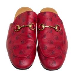 Pre Owned Gucci Red GG Ghost Print Leather Princetown Horsebit Mules Size 42.5