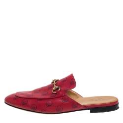 Pre Owned Gucci Red GG Ghost Print Leather Princetown Horsebit Mules Size 42.5
