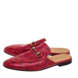 Pre Owned Gucci Red GG Ghost Print Leather Princetown Horsebit Mules Size 42.5