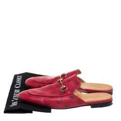 Pre Owned Gucci Red GG Ghost Print Leather Princetown Horsebit Mules Size 42.5