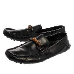 Gucci Black Leather Bamboo Horsebit Slip On Loafers Size 43.5