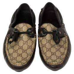 Gucci Beige/Brown Coated Canvas And Leather Toggle Cord Loafers Size 44.5
