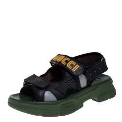 Pre Owned Gucci Black Leather And Mesh Sega Sandals Size 41