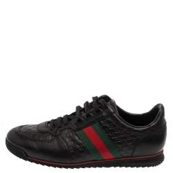 Pre Owned Gucci Black Guccissima Leather Web Detail Low Top Sneakers Size 42.5