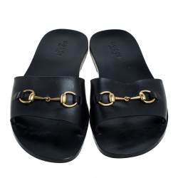 Pre Owned Gucci Black Leather Horsebit Slides Sandals Size 43.5