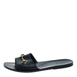 Pre Owned Gucci Black Leather Horsebit Slides Sandals Size 43.5