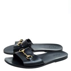Pre Owned Gucci Black Leather Horsebit Slides Sandals Size 43.5