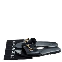Pre Owned Gucci Black Leather Horsebit Slides Sandals Size 43.5