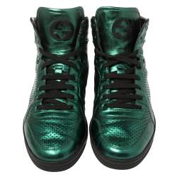مملوكة مسبقًا Gucci Metallic Green Perforated Leather Coda High Top Sneaker Size 42