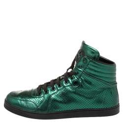 مملوكة مسبقًا Gucci Metallic Green Perforated Leather Coda High Top Sneaker Size 42